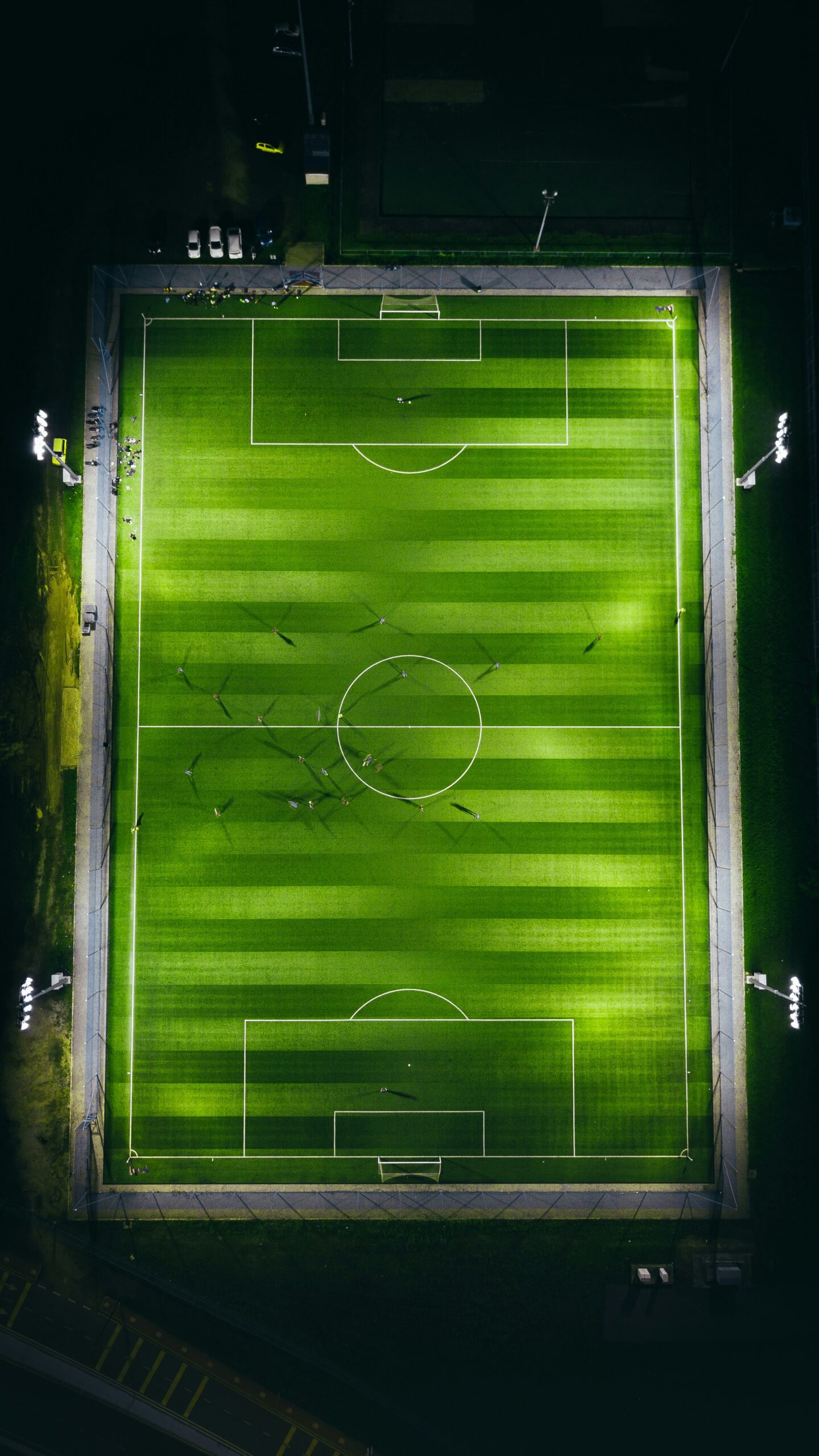 “Stock photo: aerial view of outdoor soccer field at night – used for Sunrise Soccer Lab youth camp website”
